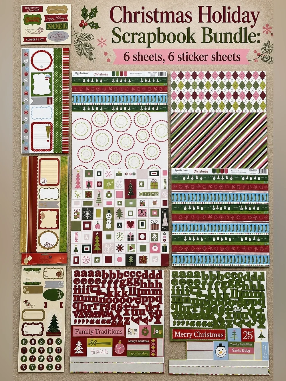 Christmas Holiday Scrapbook Bundle|Burgundy Green Pink 6 Sheets 6 Sticker Sheets